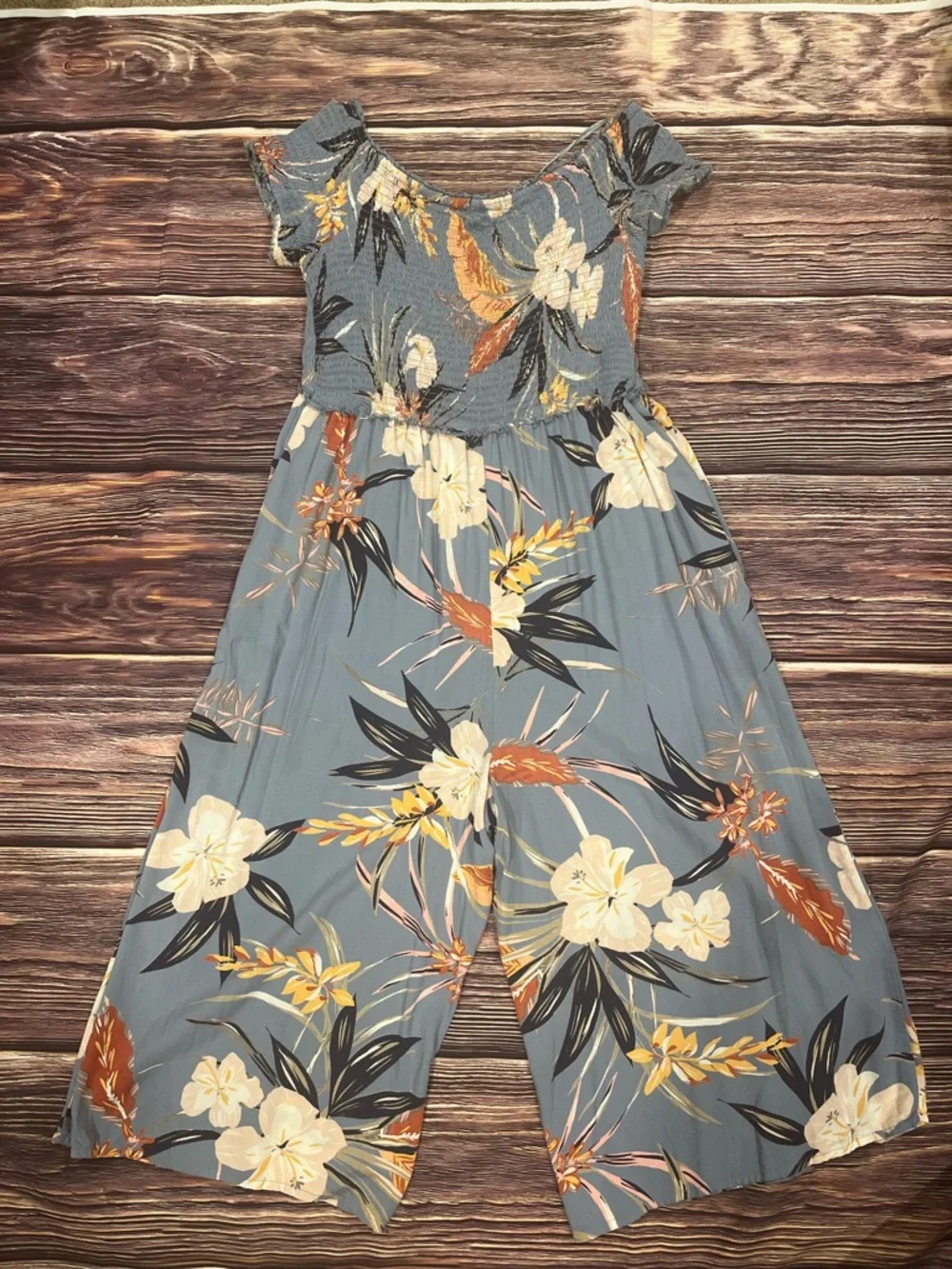 Patrons of Peace Blue/Gray Tropical Flower Romper L - Picture 8 of 12
